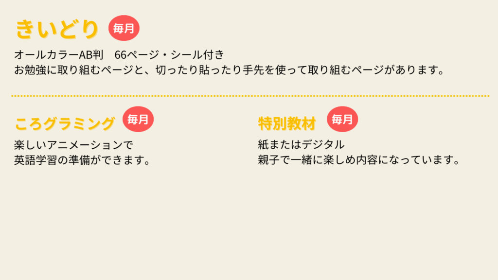 年少コースきいどりの教材内容一覧